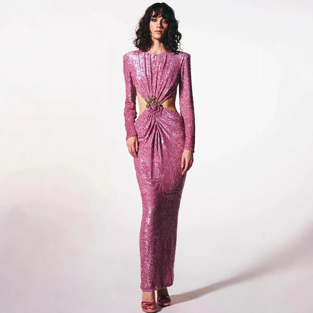 Ruched Sequin Waist Cutout Prom Dress