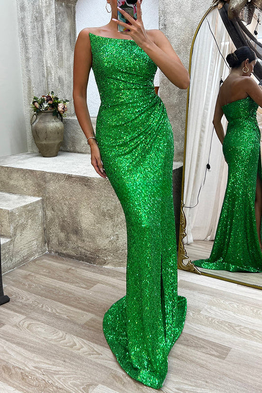 Let The Banquet Beginn – Schulterfreies Maxikleid mit Pailletten und seitlichem Rüschenschlitz 