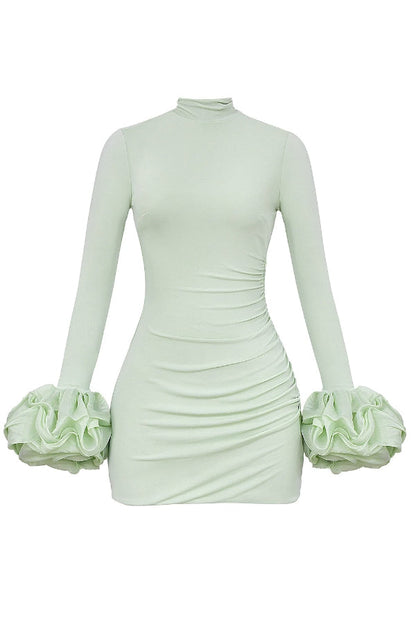 Minikleid mit Rüschen, Patchwork, langen Ärmeln und hohem Halsausschnitt 