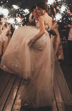 Romantic Long Tulle Lace Wedding Dress with Spaghetti Straps A Line V Neck