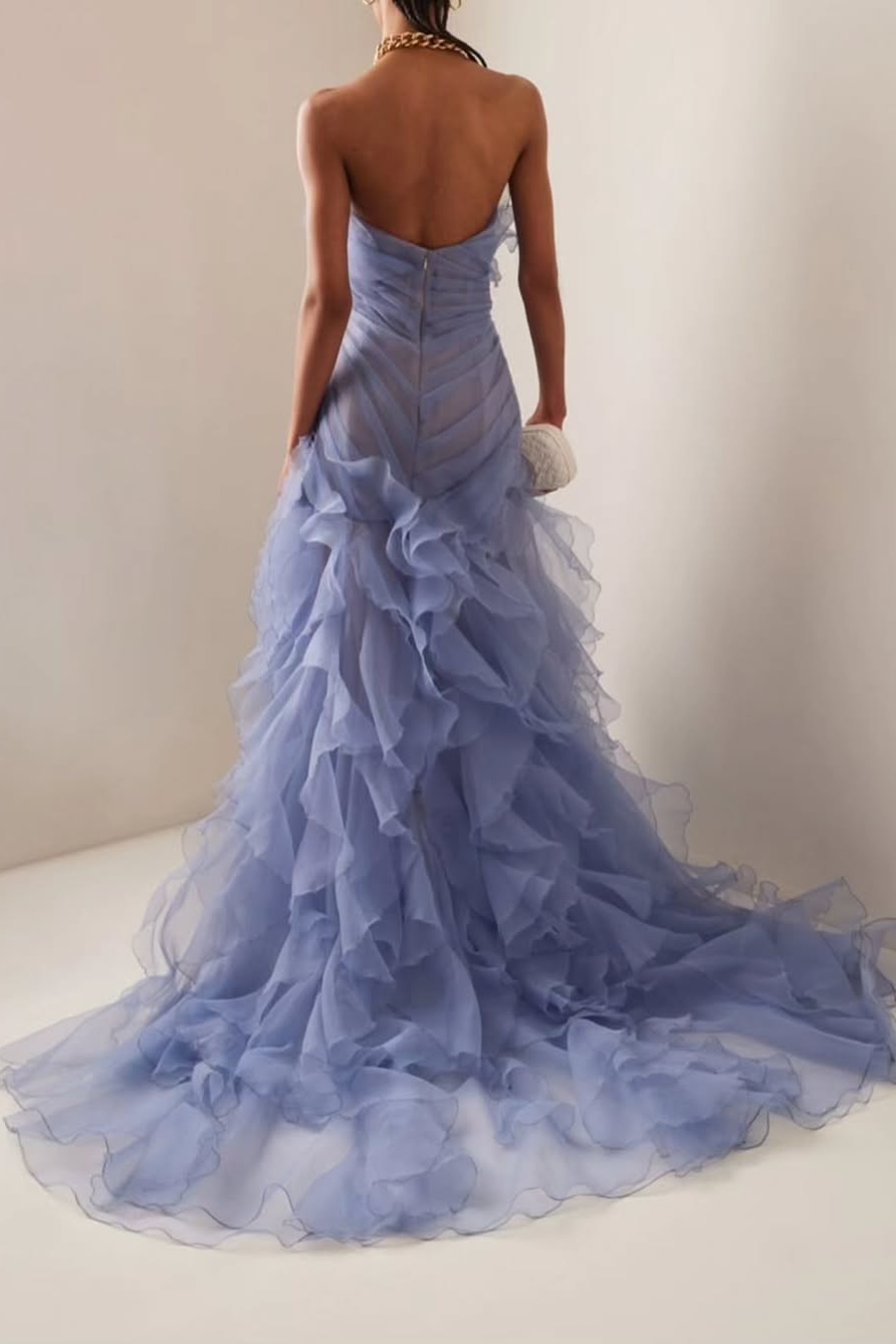 Strapless Sleeveless Long Prom Dress With High Split And Pleated Detail