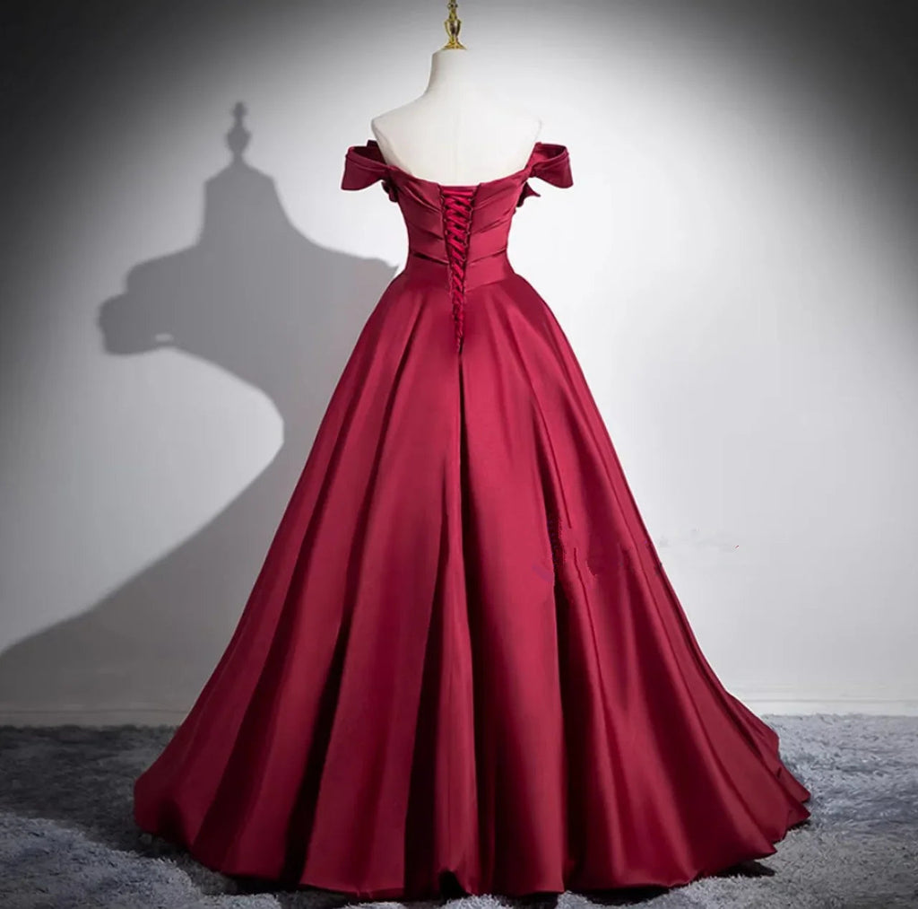 Modisches Burgunderrotes Satin-Faltenkleid Abendkleid A-Linie Elegantes Ballkleid Y7661