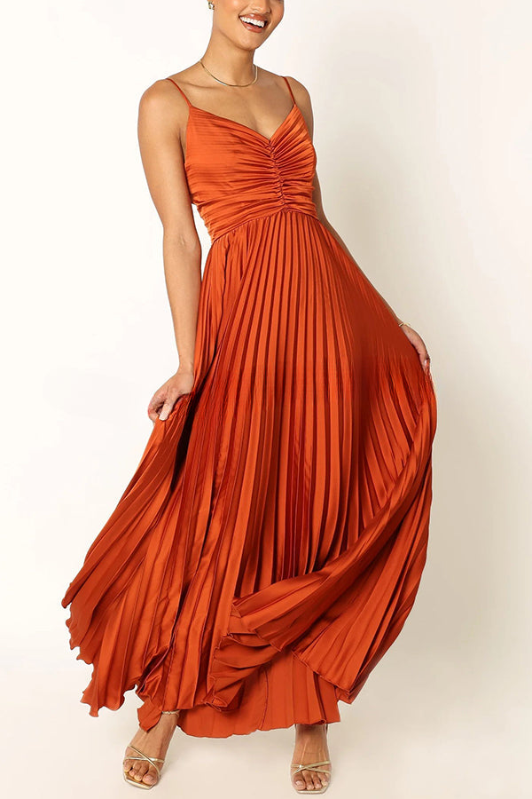 A Dreamy Escape Satin Adjustable Straps Pleated Maxi Dress