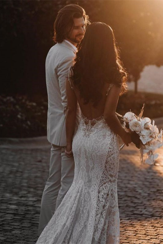 Sheer Straps Lace Mermaid Wedding Dress With Chapel Train Beading