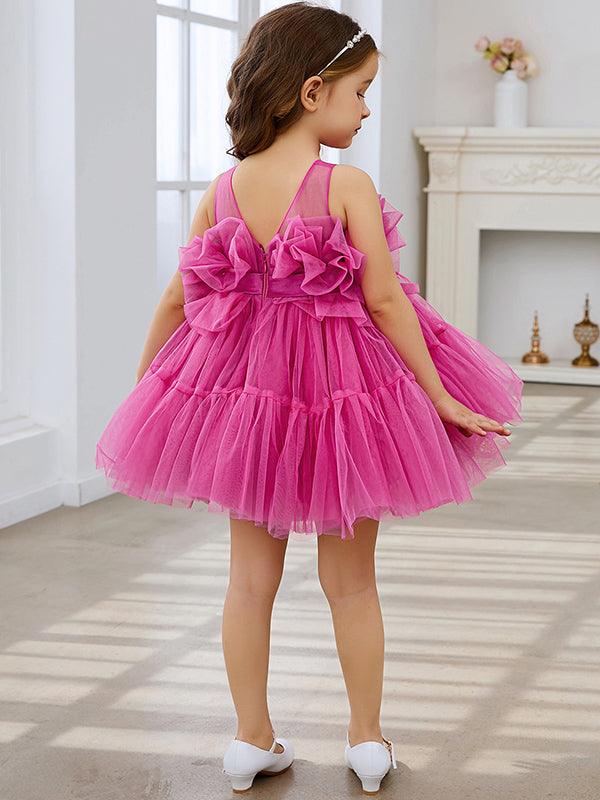 Pink Princess Tulle Flower Girl Dress With Bow And Scoop Neck Details