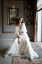 Boho V Neck Chiffon A Line Lace Wedding Dress Belt