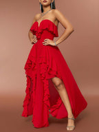 Rotes Rüschen-Tube-Top mit V-Ausschnitt und Volant, rückenfreies Abendkleid 