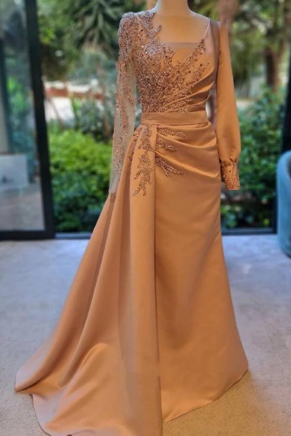 BMbridal A Line Prom Dress With Long Sleeves Jewel Neck Beading Floor Length
