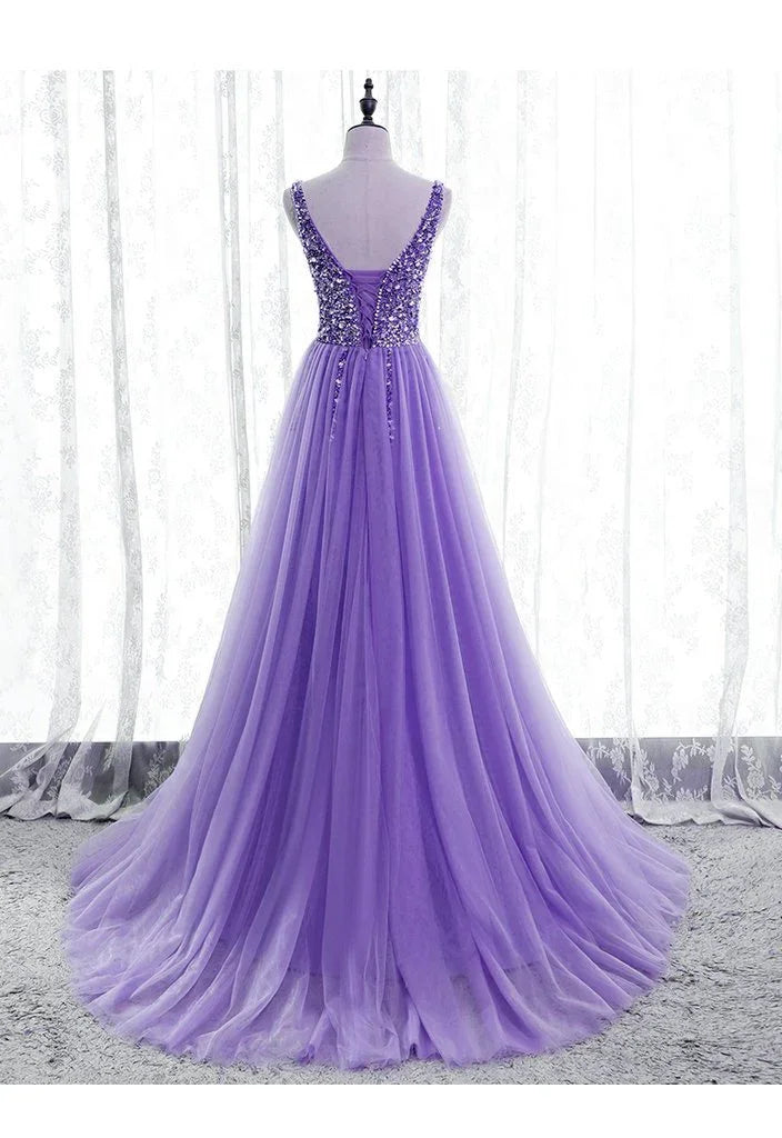 Abito da festa viola con scollatura a V e perline, tulle scintillante, abito da sera, abito da ballo in tulle viola Y1008