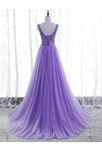 Abito da festa viola con scollatura a V e perline, tulle scintillante, abito da sera, abito da ballo in tulle viola Y1008