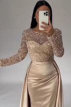 Bmbridal Jewel Neck Long Sleeve Mermaid Evening Dress With Sequins Overskirt