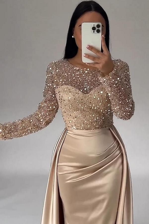 Bmbridal Jewel Neck Long Sleeve Mermaid Evening Dress With Sequins Overskirt