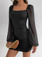 Loose Puff Sleeves Gauze Pleated See-Through Solid Color Split-Joint Square-Neck Evening Dresses Mini Dresses