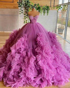 Abito da ballo viola con corpetto perline, tulle, balze e pieghe Y86