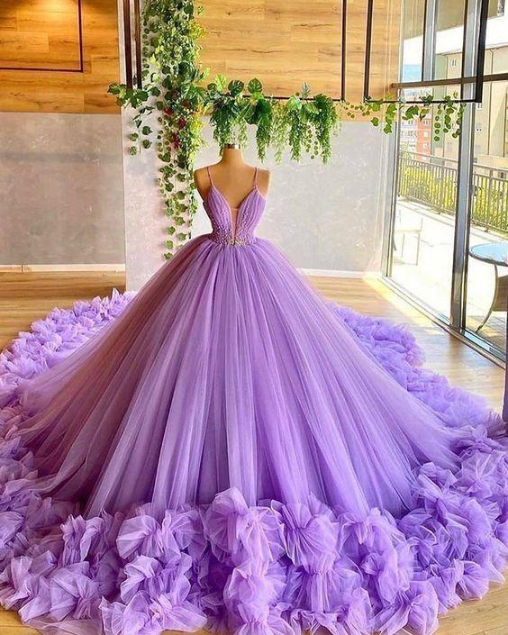 Abito da ballo in tulle con corpetto perline lavanda e spalline sottili con fiori fatti a mano Y97