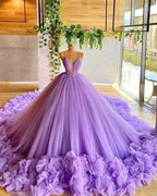 Abito da ballo in tulle con corpetto perline lavanda e spalline sottili con fiori fatti a mano Y97
