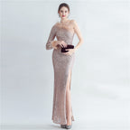 Craft Ostrich Feather Diagonal Shoulder Roman Collar Evening Dress