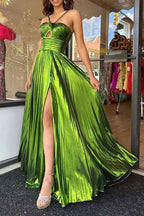 Sparkly Gold A Line Halter Neck Long Prom Dress With Keyhole Slit