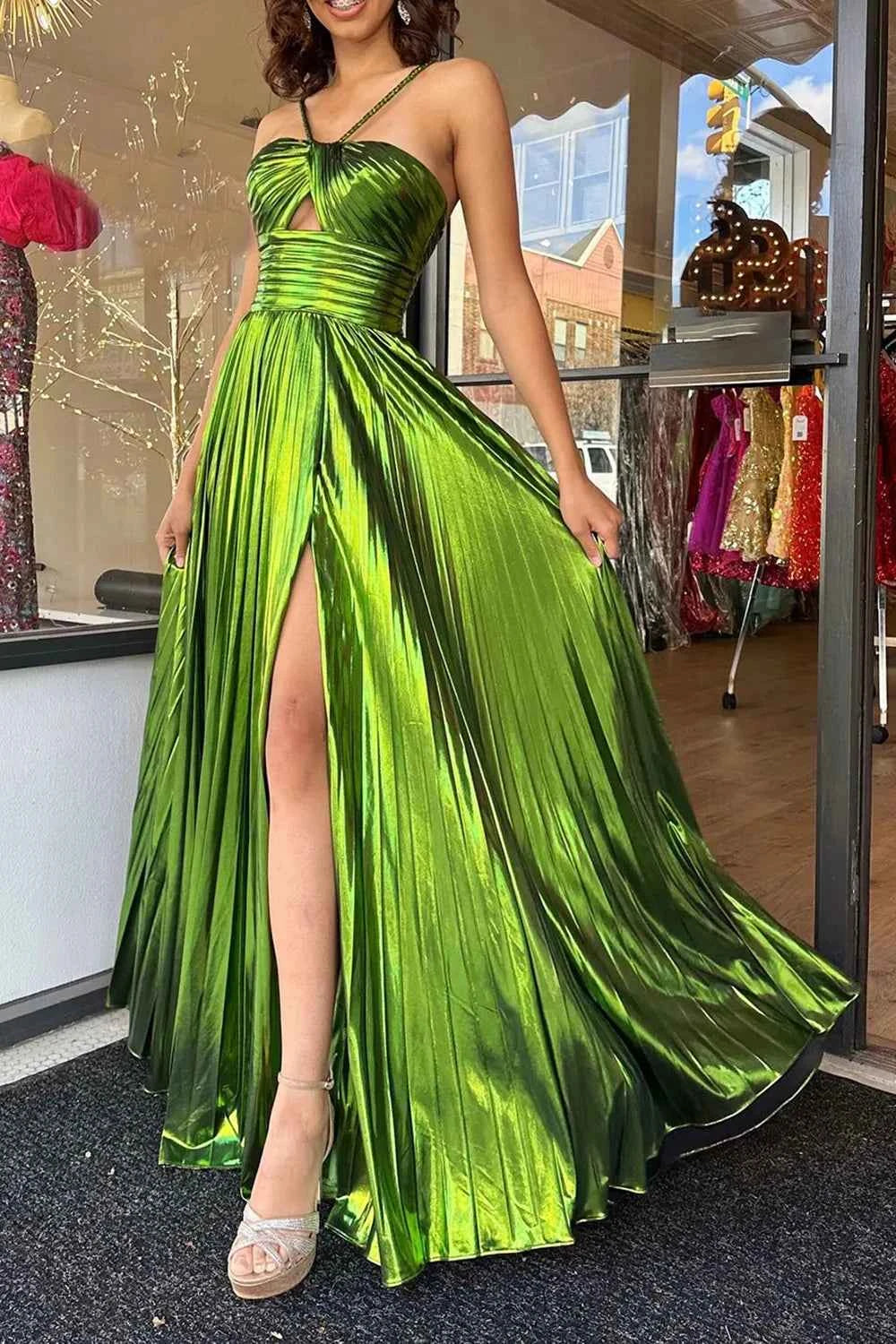 Sparkly Gold A Line Halter Neck Long Prom Dress With Keyhole Slit