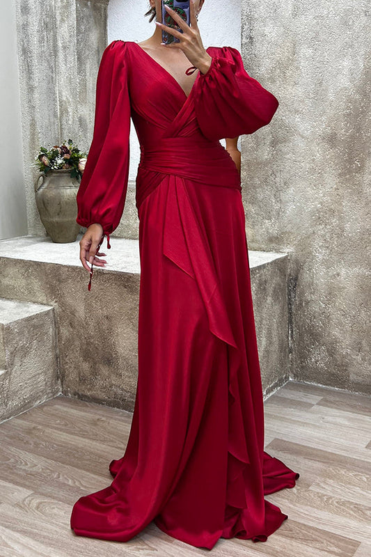 Love Me Tonight – Maxi-Abendkleid aus Satin mit Ballonärmeln und Rüschen 