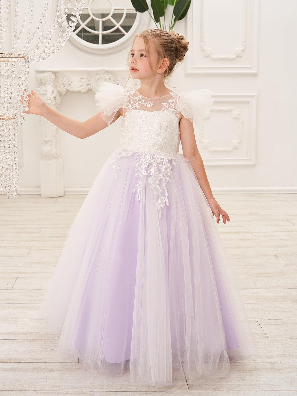 Detachable Lace Tulle Flower Girl Dress With Bow And Sweep Train