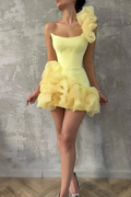 One Shoulder Sleeveless Pleated Tulle Short Prom Dress