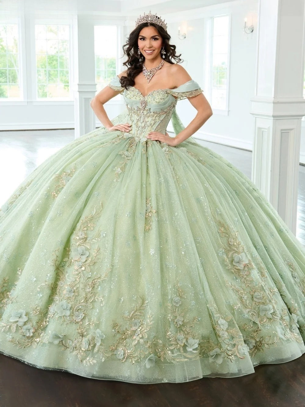 Vestido popular de quinceañera con hombros descubiertos 2025 Encantador vestido de fiesta con flores 3D Brillante vestido de fiesta sin mangas y sin tirantes 16 personalizado