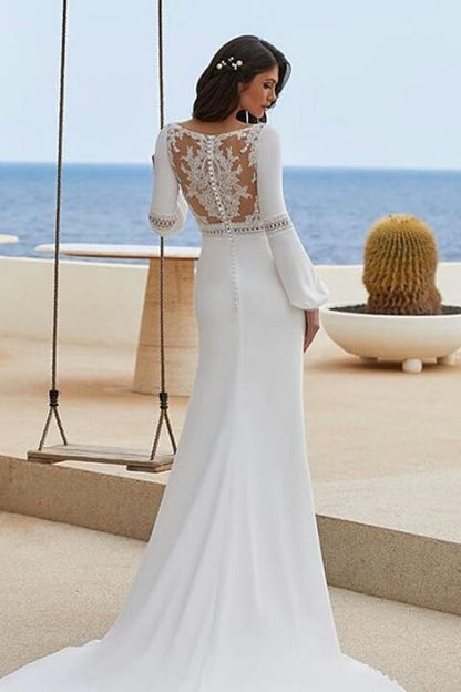 Trendy Bodenlange Meerjungfrau Juwel Hals Langarm Chiffon Ballkleider