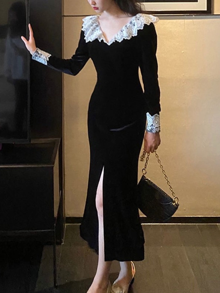 TARUXY Splice Lace Vintage Dresses Women's Black Temperament Slim Dress Lady Side Slit Party Elegant Retro Evening Dress Women