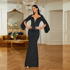 Elegantes, sexy, langärmeliges, gestricktes Abendkleid mit V-Ausschnitt für Damen 