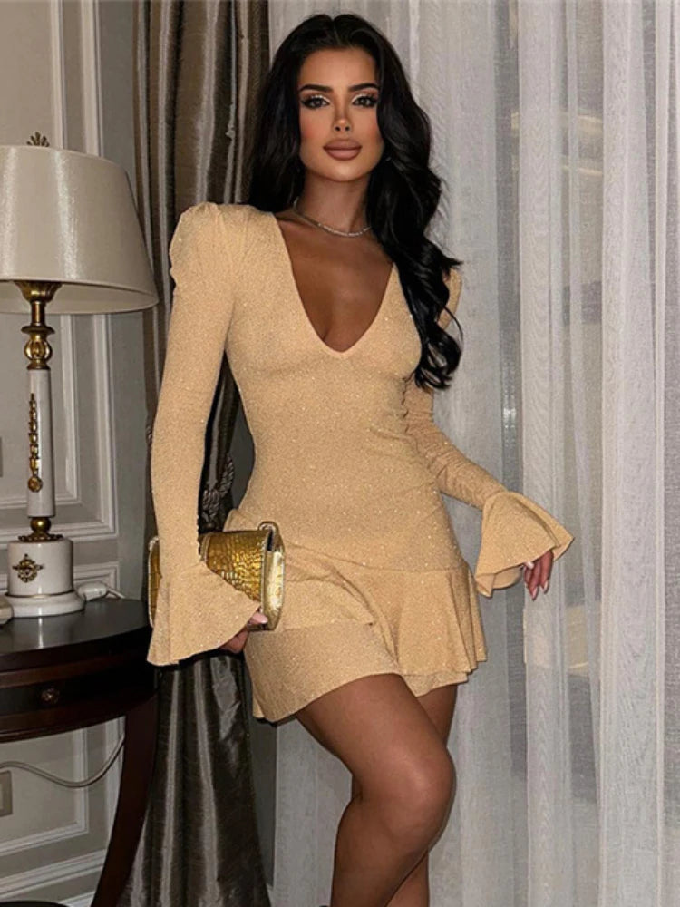 TARUXY Deep V Neck Slim Mini Dress Women High Waist Bodycon Fold Splice Evening Dress Women's Winter Party Sexy Dresses Female