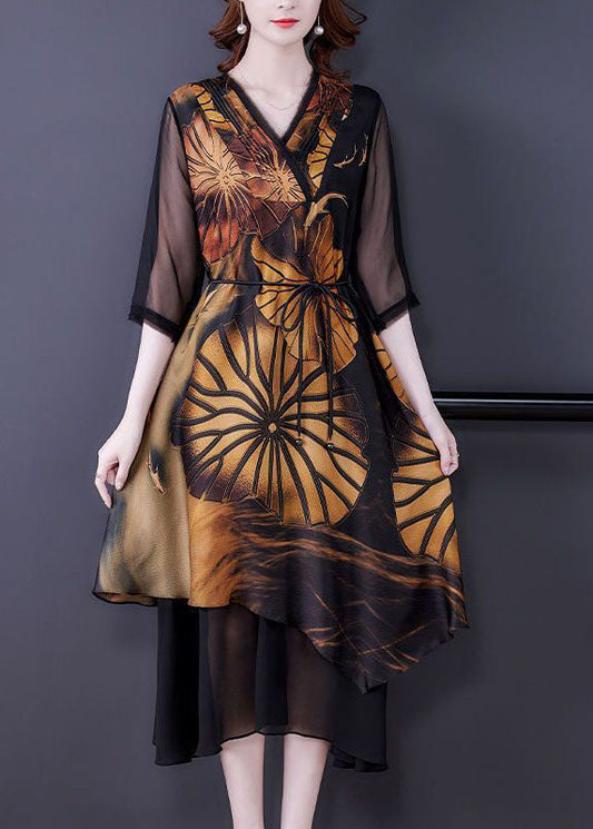 Frauen Schwarz Asymmetrische Patchwork Print Seide Kleid Sommer 