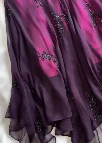 Abito da sera lungo vintage viola con perline in chiffon a sirena, modello Y7503