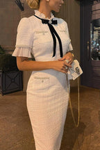 Vestido Midi Formal com Design Elegante de Laço de Veludo, Aplicações de Pérolas e Tecido Tweed Plissado