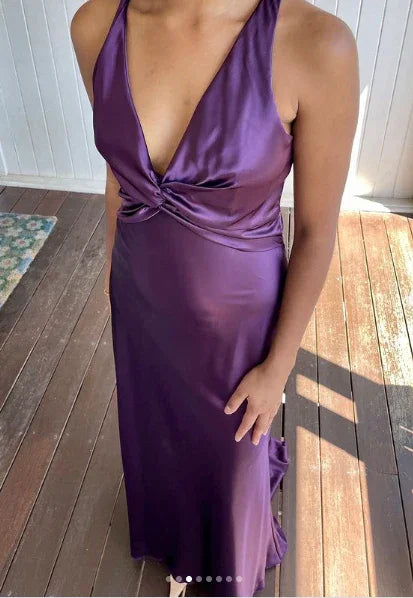 Vestido de noite longo roxo com decote em V e costas descobertas Vestido de baile Vestido de festa Y7520
