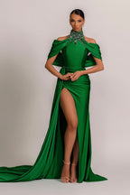 Vestido de Baile Verde-Sálvia com Alças, Pregas Elegantes e Detalhes Cintilantes de Pedraria