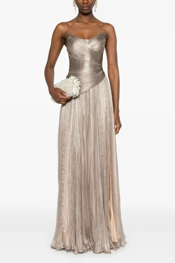 Chic Strapless Sleeveless Long Prom Dress With Ruffles Pleated Custom