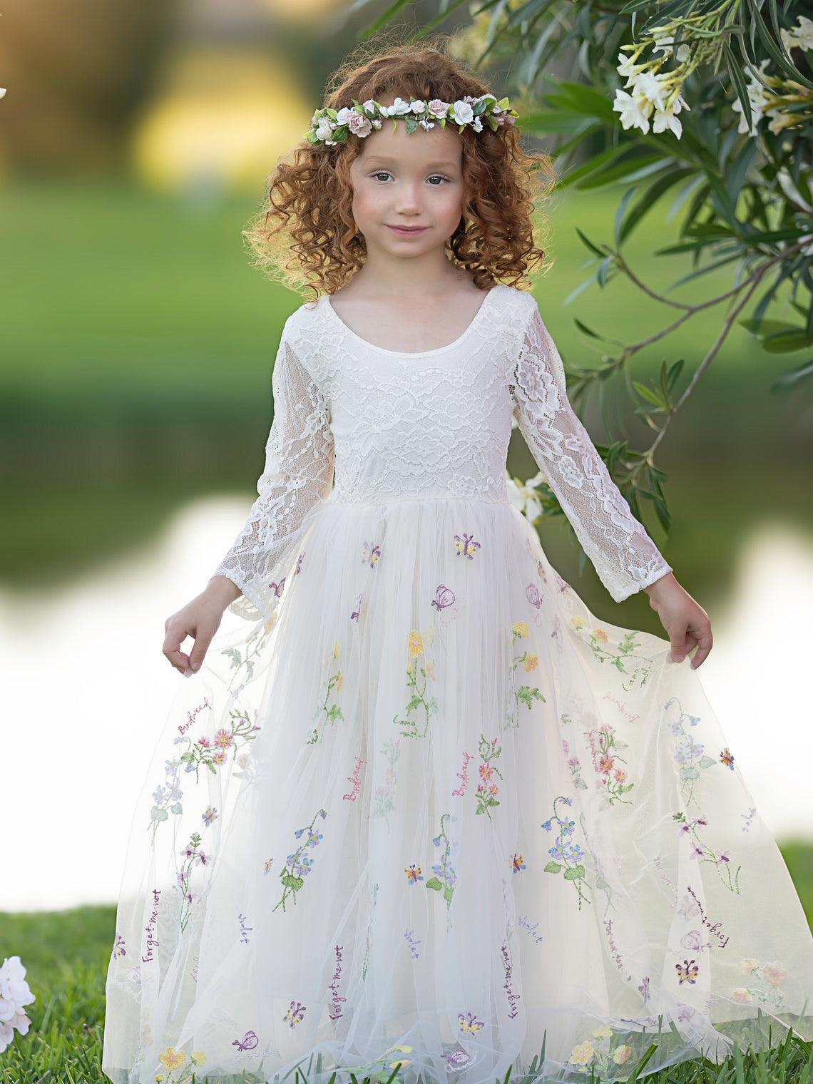 Floral Tulle Lace A Line Flower Girl Dress With Scoop Neck For Little Girls