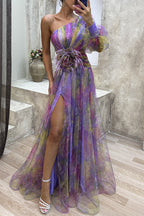 Vestido de Noite com Decote Oblíquo e Fenda de Mudança Gradual Elegante (5 Cores)