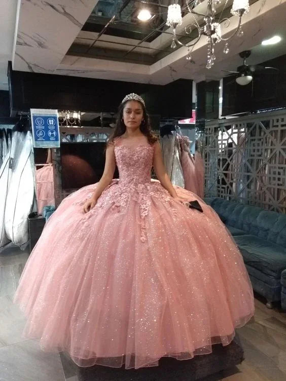 Abito da ballo con applicazioni in tulle rosa glitterato, vestito per sedicesimo compleanno, abito rosa per quinceañera Y750