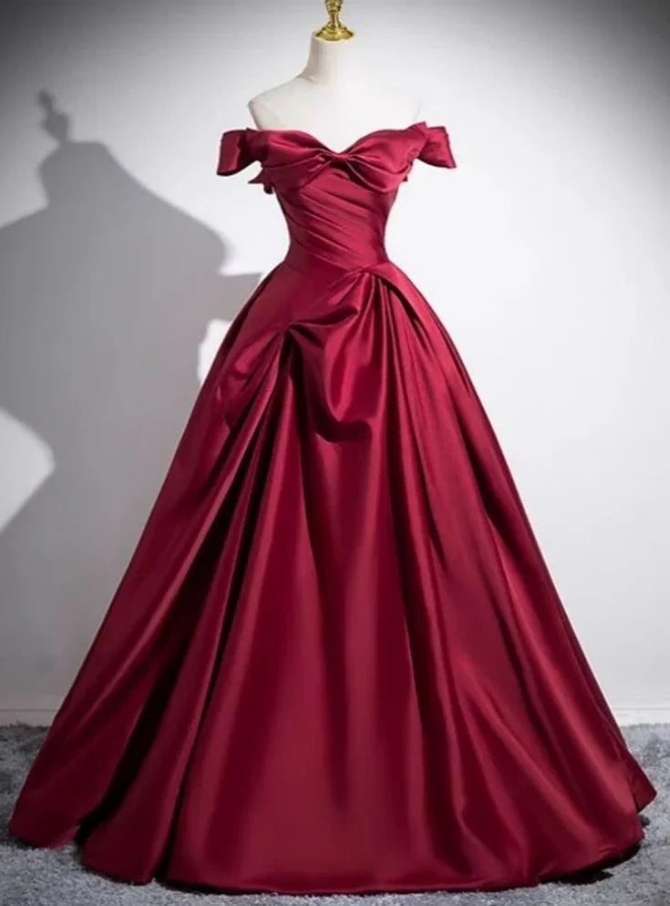 Modisches Burgunderrotes Satin-Faltenkleid Abendkleid A-Linie Elegantes Ballkleid Y7661
