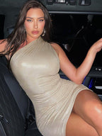 Pu Leder Eine Schulter Ärmellose Drapierte Mini Prom Kleid 2024 Sommer Herbst Frauen Elegante Y2K Abend Party Club Kleidung 