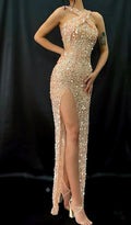 Abito lungo da sera aderente di lusso con paillettes, spacco sensuale, abito da ballo Y7649