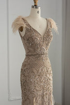 Bmbridal Taupe A Line V Neck Tulle Cap Sleeves Prom Dress With Appliques