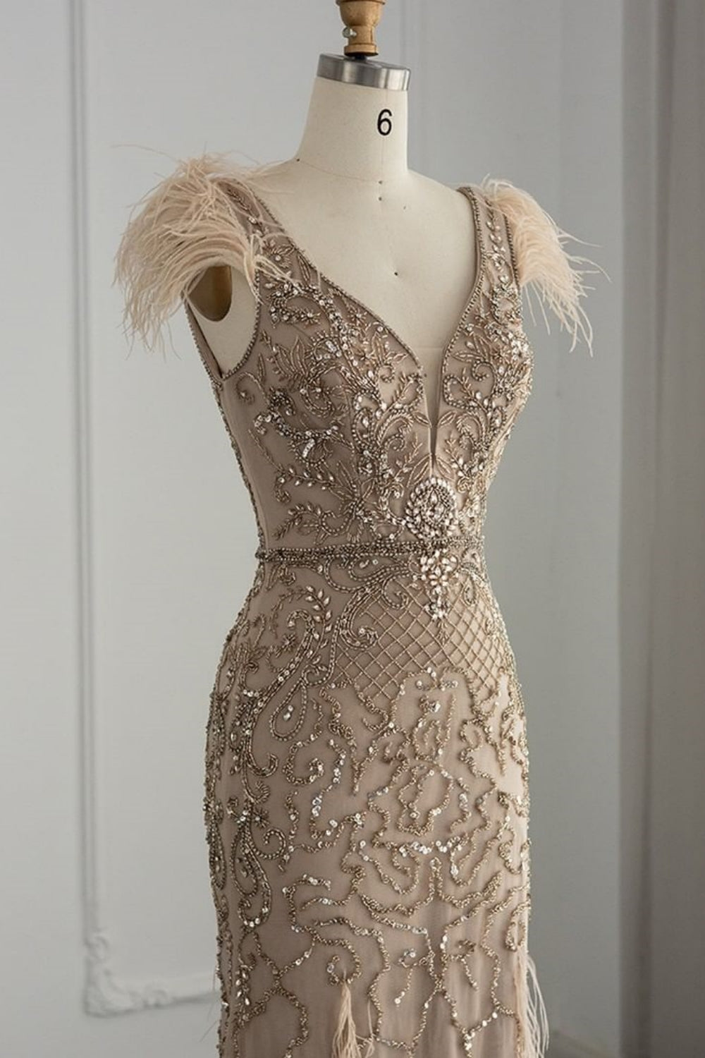 Bmbridal Taupe A Line V Neck Tulle Cap Sleeves Prom Dress With Appliques