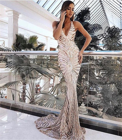 Chic Backless Lace Sequin Prom Dress