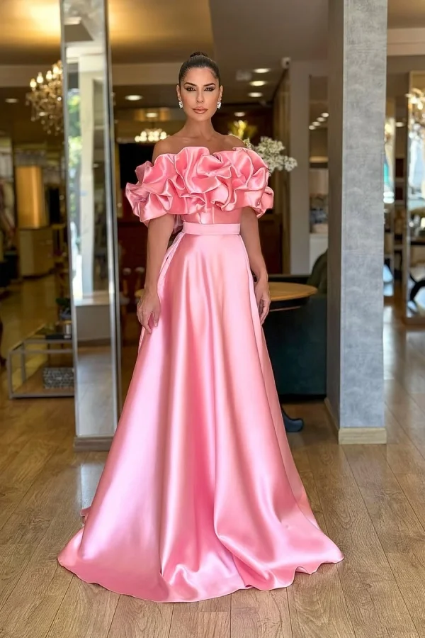 Off The Shoulder Sleeveless A Line Long Prom Dress Pleated Custom Color And Size