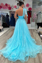 Sparkly Sky Blue One Shoulder A Line Prom Dress With Beaded Ruching