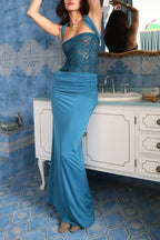 Jacquard Patchwork Ruched Slim Fit Sleeveless Maxi Dresses-Blue Pre Order