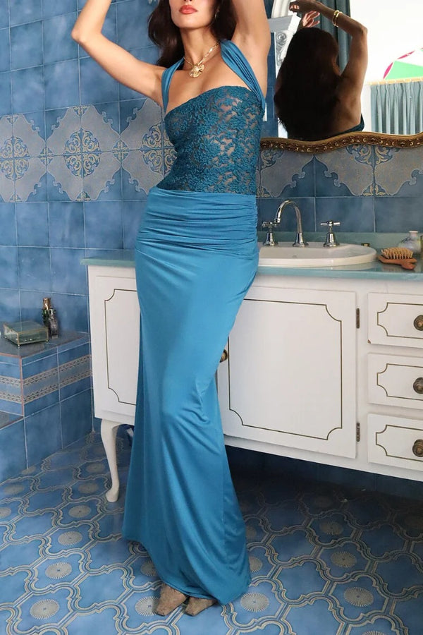 Vestido largo ajustado sin mangas con fruncido y patchwork de jacquard - Azul - Pedido anticipado 
